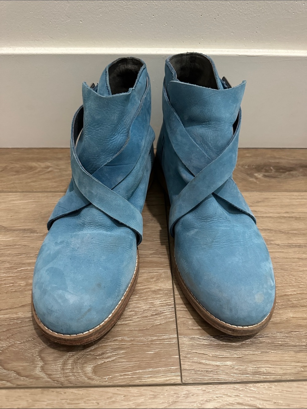 Free People Teal Blue Suede Cross-Strap Ankle Booties